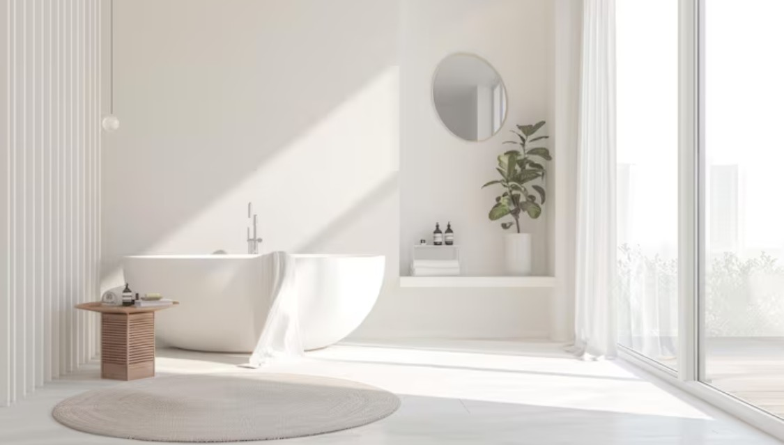 A bathtub with a plant in the corner of it
