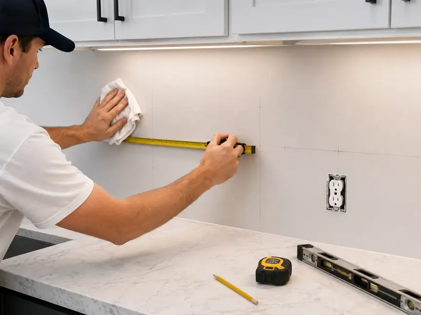 Cleaning and measuring the wall before soft wall sticker installation