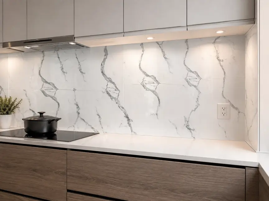Completed soft wall sticker backsplash from the client installation video