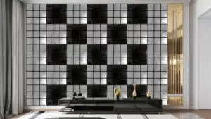 Completed mirror acoustic panel feature wall