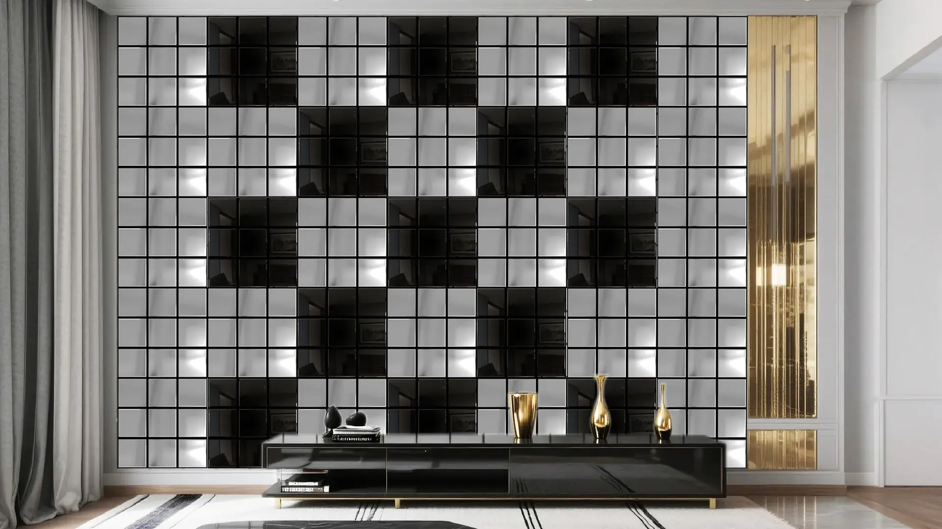 Completed mirror acoustic panel feature wall