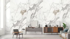 SPC UV marble-look wall panel in a finished living room