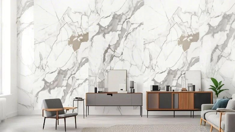 SPC UV marble-look wall panel in a finished living room