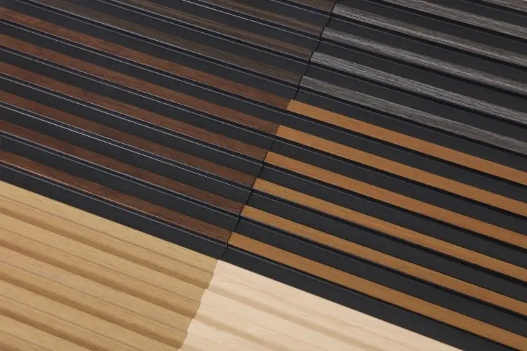 Wood grain and black fluted wall panel colors side by side